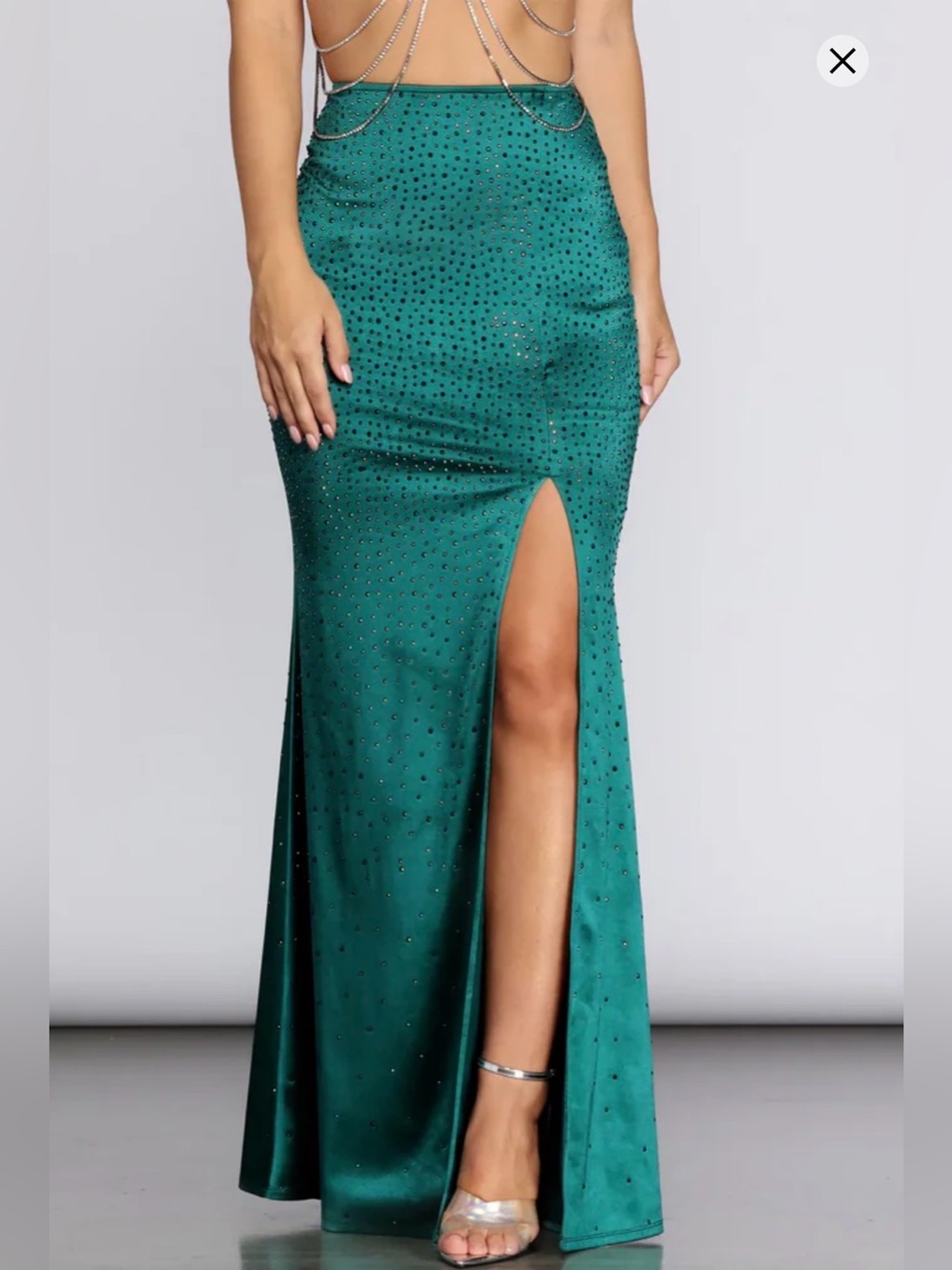 Windsor Emerald Green Rhinestone Satin Maxi Skirt with High Slit